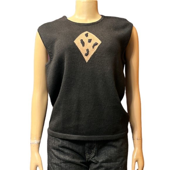 Vintage Terazzo Sweater Vest black Crew neck brown Tan animal print motif Size M - Picture 3 of 15